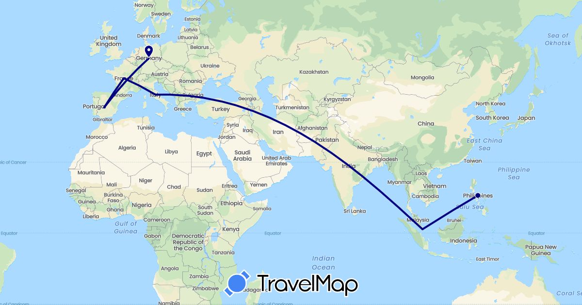 TravelMap itinerary: driving in Germany, Spain, France, Italy, Philippines, Singapore (Asia, Europe)